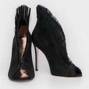 GIANVITO ROSSI⚡️"Ginerva" Ruffle vamp tulle peep toe suede pumps